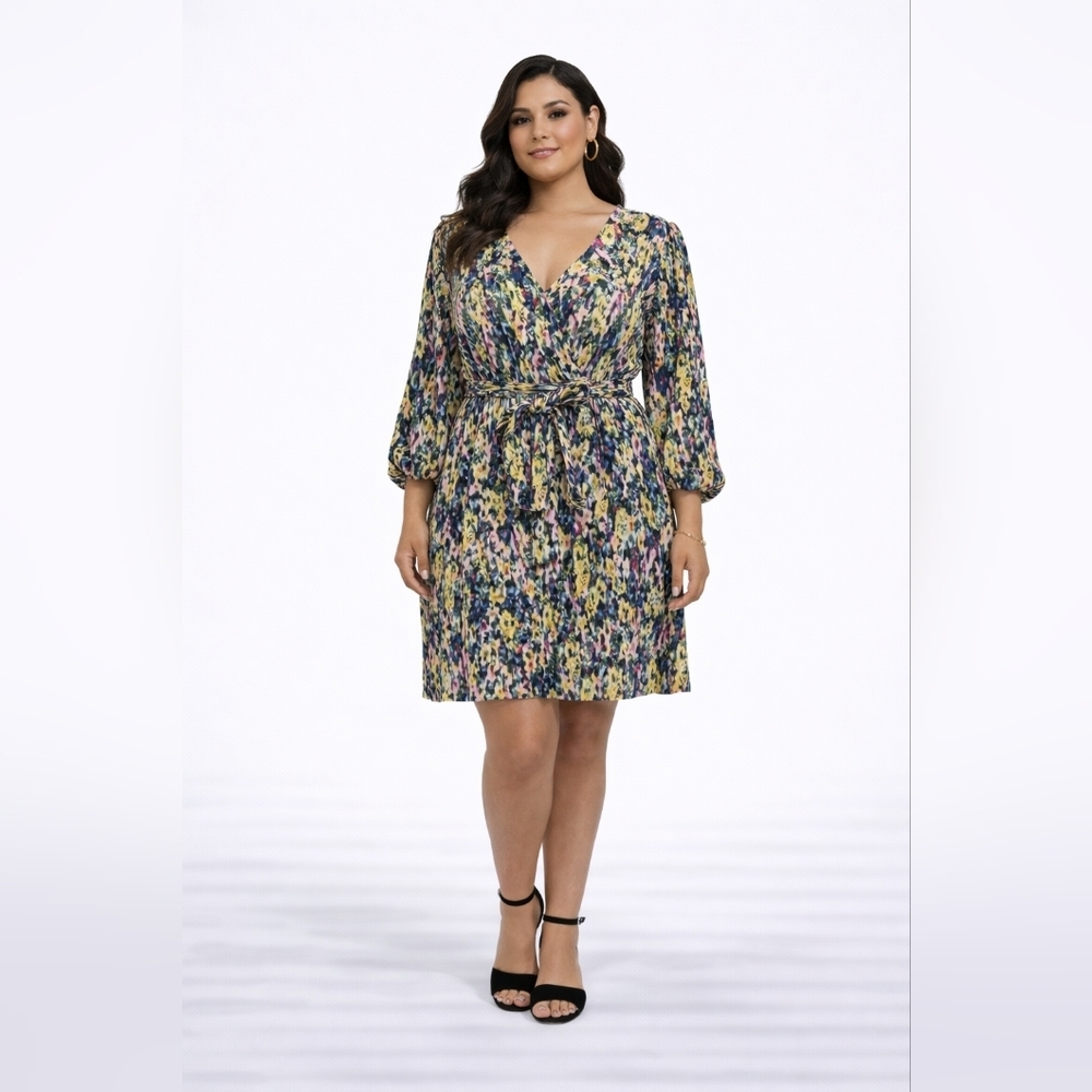Vero Moda Curve Ribbed Floral Mini Dress Size 18 | Pleated Tie Waist - Picture 1 of 14